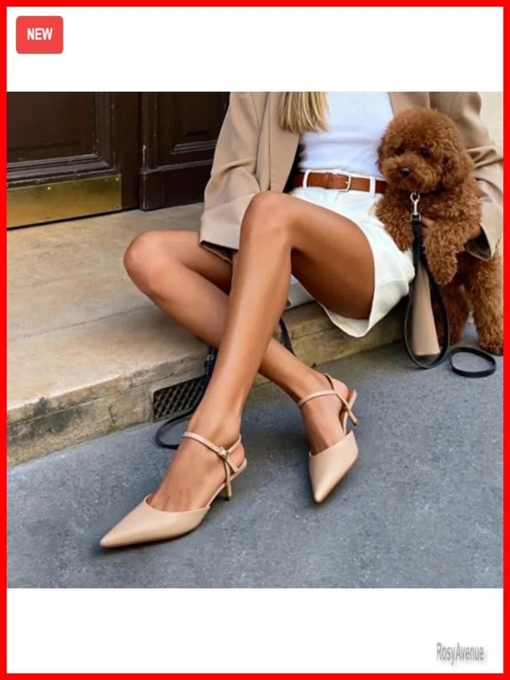 Pointed Toe Slingback Pumps with Kitten Heel and Buckle Strap